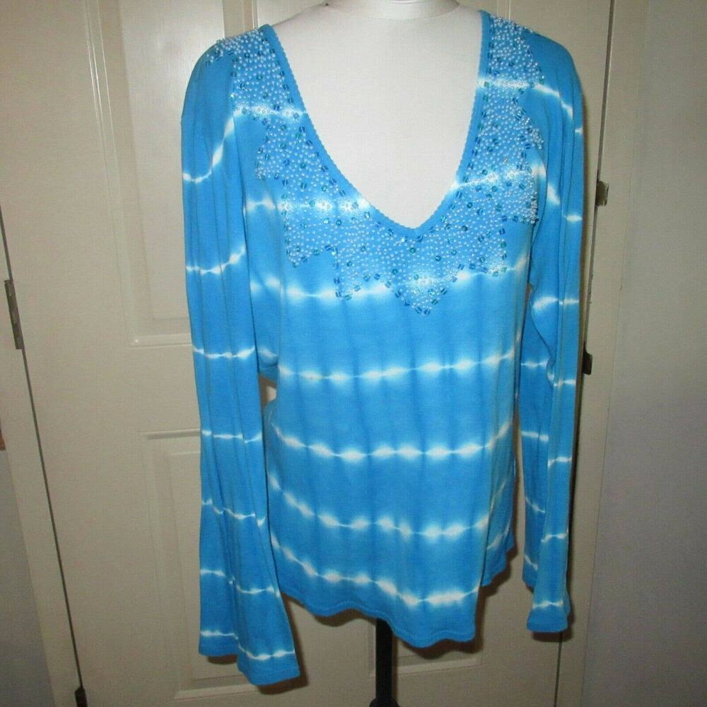 Soft Surroundings Beaded Blue White Tie Dye Tee Top Comfy XL